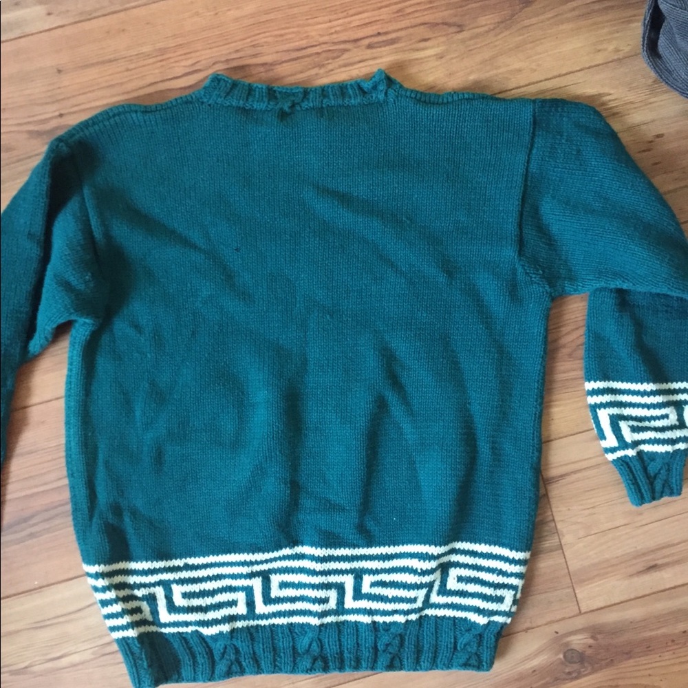 Vintage floral rose Greek key aqua teal sweater M - Picture 6 of 6